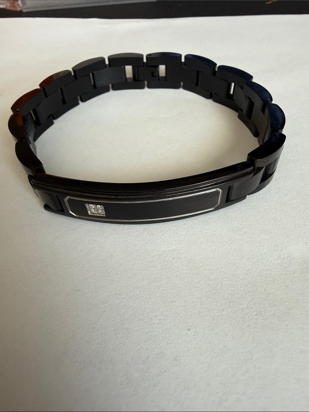 Men's Black Stainless Steel Link Bracelet with Accent Plate and Crystals
